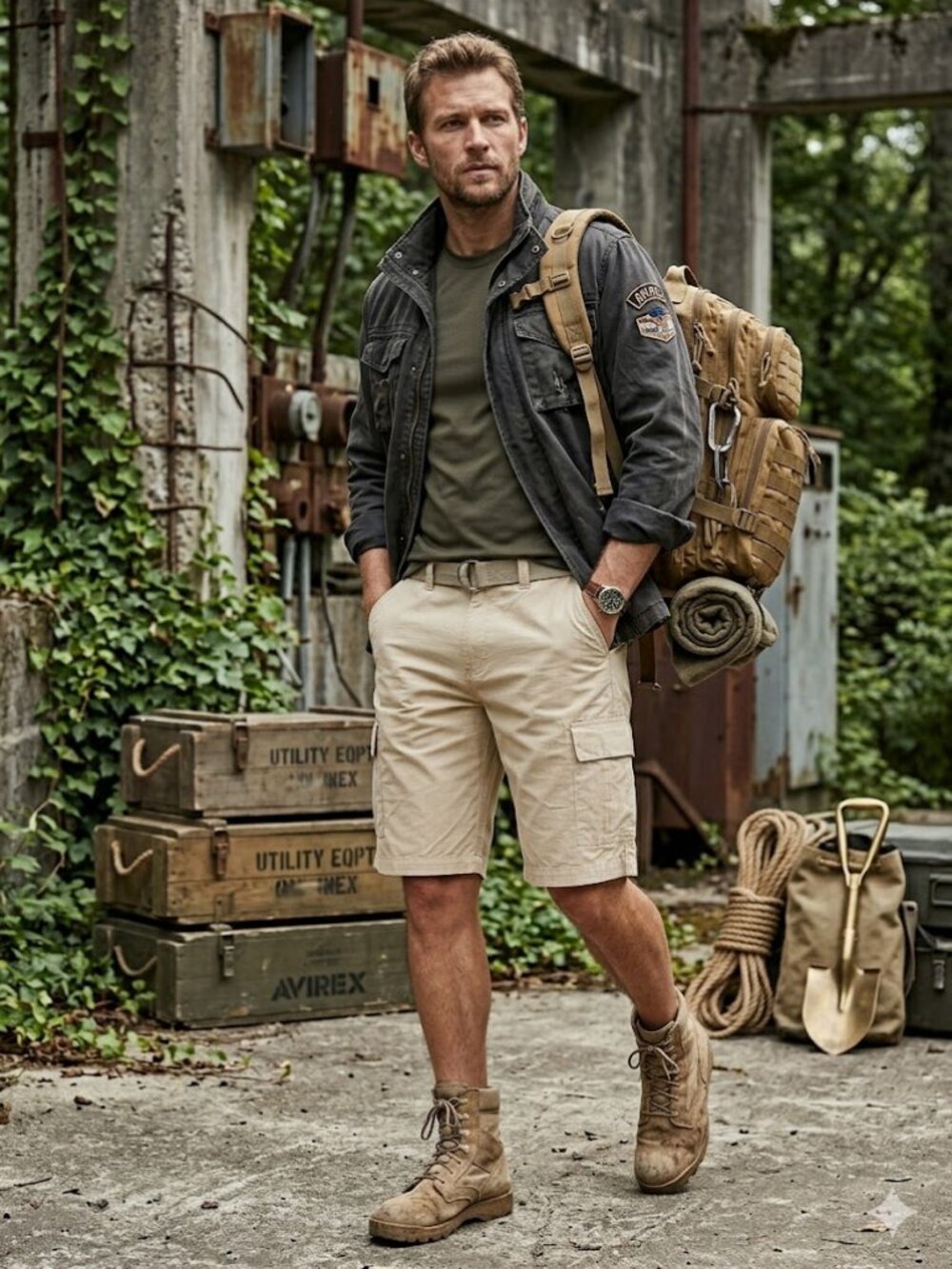 Avirex Ripstop Cargo Shorts Khaki Beige Size 36 Tactical Utility